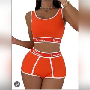 Orange Ribbed-Knit 2 Piece High-Waisted Bra Set Women's Size small Sleeveless